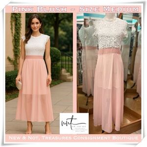 Blush Pink Chiffon & Lace Hi Lo Maxi Dress | Romantic Party Guest Look | Size M